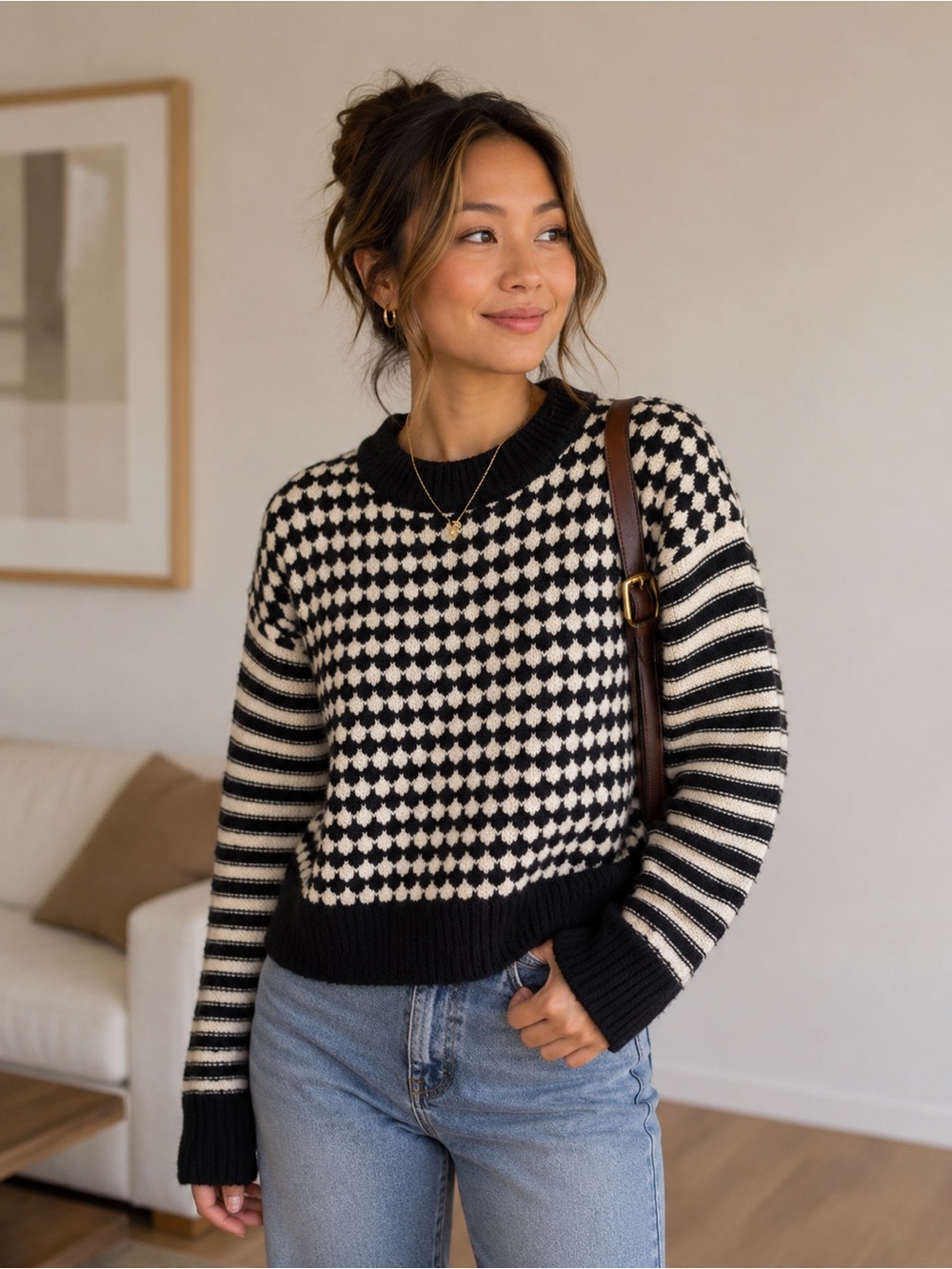 Madewell Black & Ivory Patterned Crewneck Knit Sweater Women’s XXS